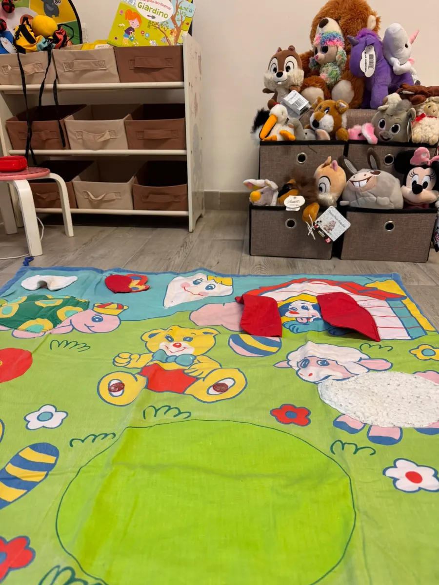 Angolo dello studio con scaffali di ceste, libri e una collezione di peluche